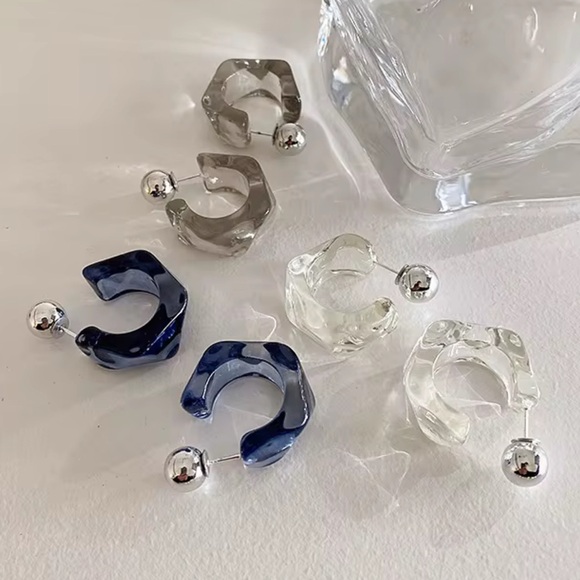 Lucite Front Back Hoop Earrings Smokey Grey Silver N16 - Picture 3 of 3